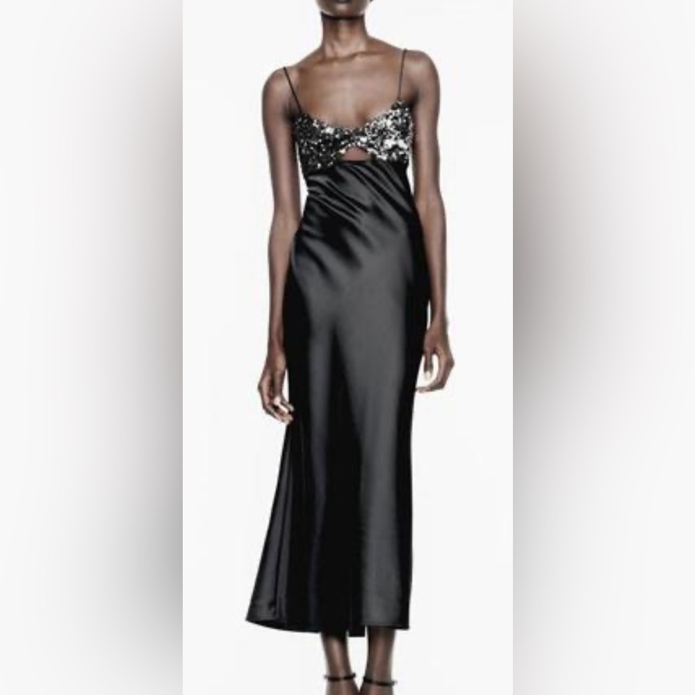 Zara Black Satin Dress with Sequin Detail
